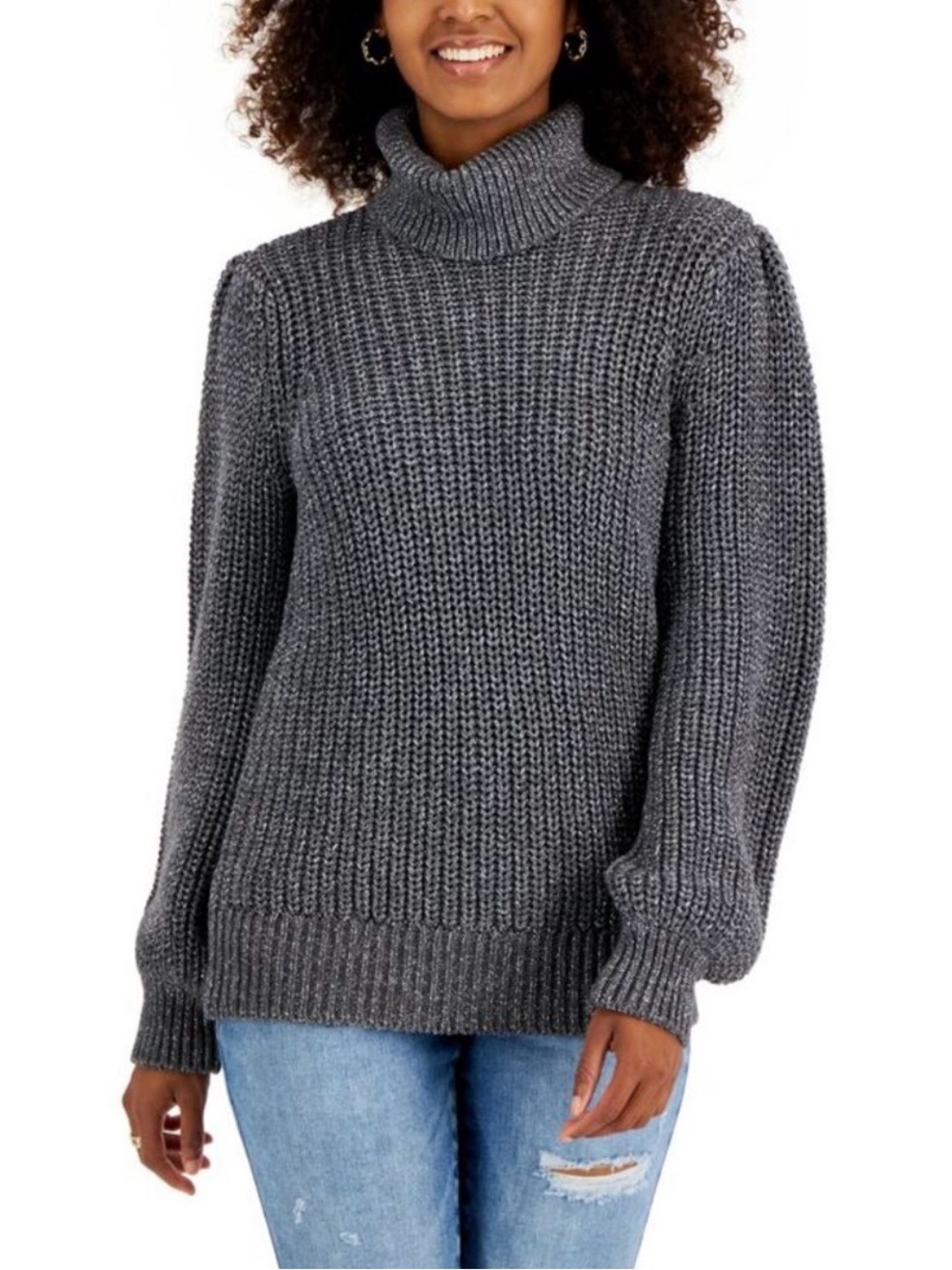 INC International Concepts Chunky Gray Metallic-Flecked Turtleneck Sweater